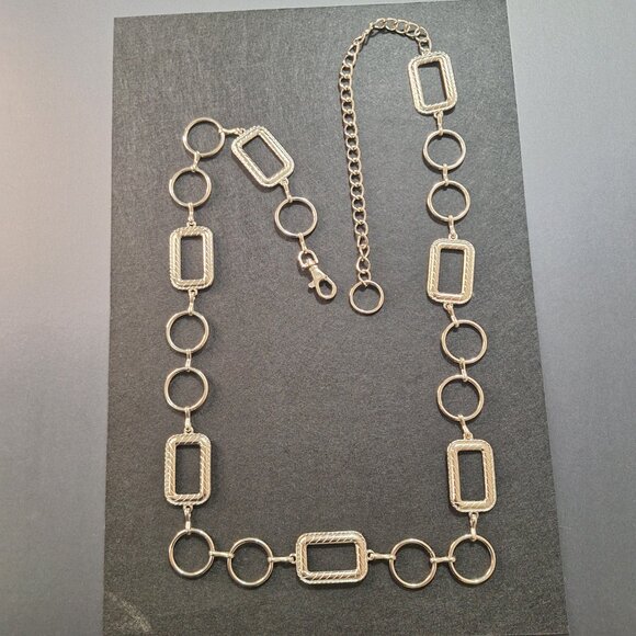Vintage-Inspired Silver Waist Chain Belt Geometric Circles & Rectangles, 54" - Picture 2 of 6